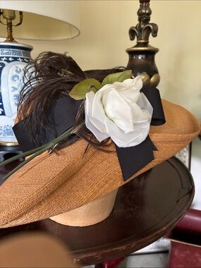 Antique Tan Straw Hat with White Rose, Black Ribbon & Brown Feathers